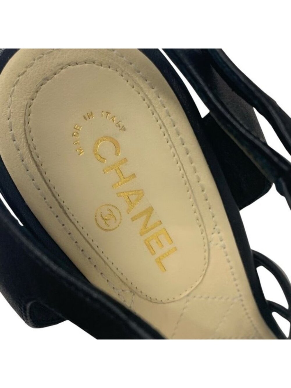★SOLD★ Chanel Sandals Shoes Leather Black Gold Coco Mark Chain Strap - Picture 7 of 9